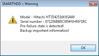 Warning about the pre-emergency state of the hard disk drive.